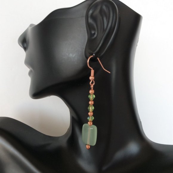 Green Dangle Earrings With Copper Plated Fishhook Wires Handmade 2.5 Inches - Picture 4 of 16